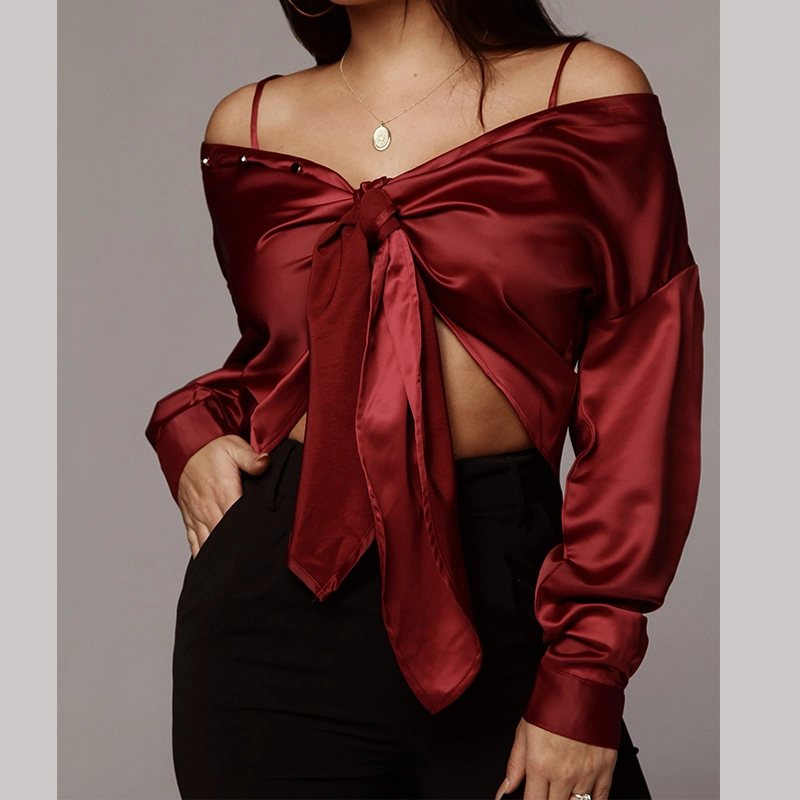 High Quality Women 100% Silk Wine Red Tie Front Top Blouses Wholesale