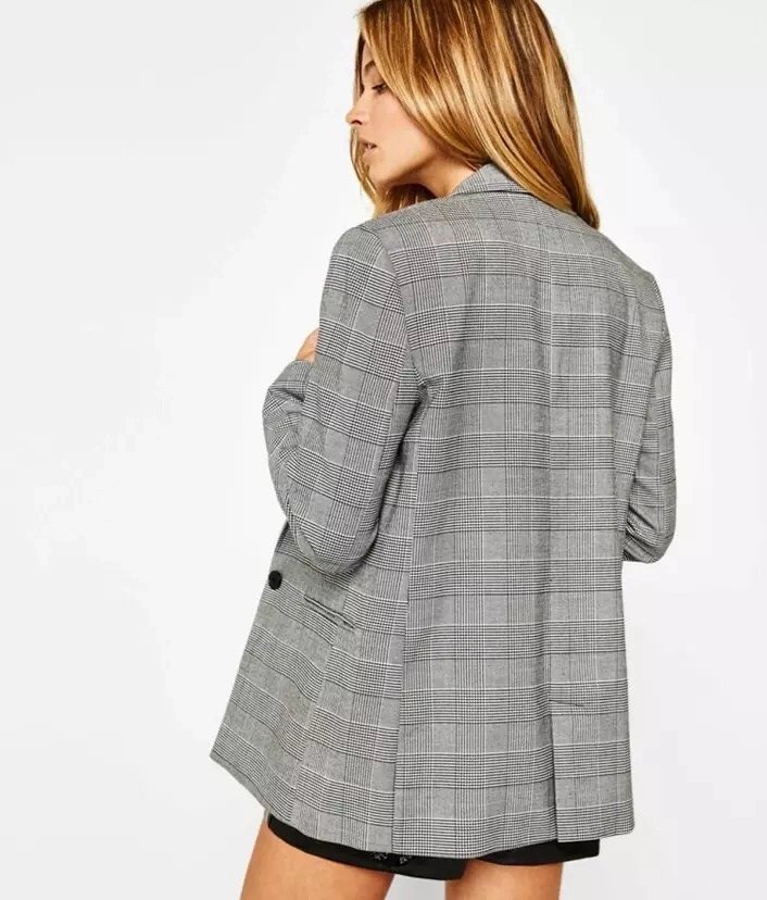 Front Pocket Button Plaid MID Winter Women Blazers Casual Fashion Mujer Outwear