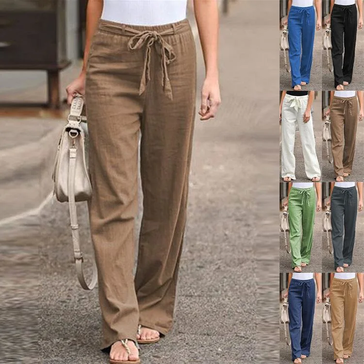 Summer Wide Leg Trousers Straight Cotton Linen Fashion All-Match Blue Casual Pants Women&prime;s Clothing