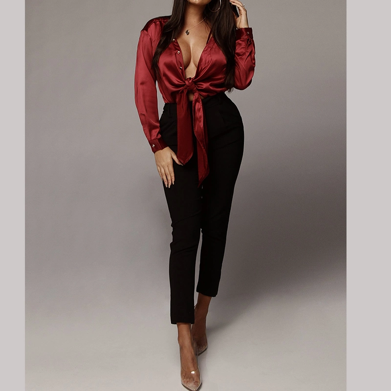 High Quality Women 100% Silk Wine Red Tie Front Top Blouses Wholesale